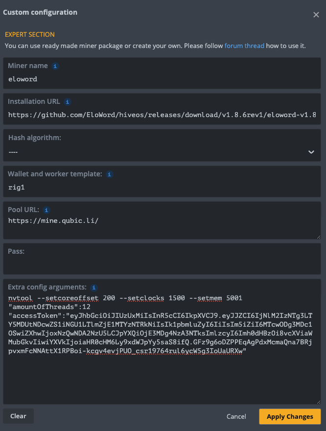 Hive OS 飞行表中配置挖Qubic币的参数 Hive OS 飞行表中配置挖Qubic币的参数