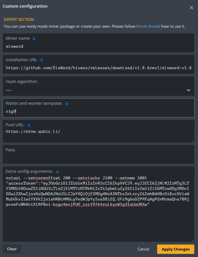 Hive OS 飞行表中配置挖Qubic币的参数 Hive OS 飞行表中配置挖Qubic币的参数